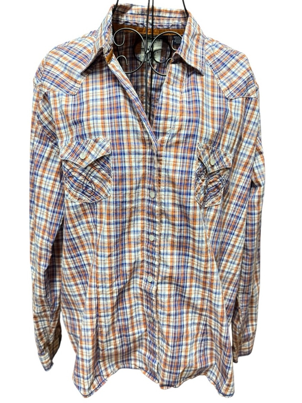Panhandle Rough Stock Western Plaid 100 Cotton Shirt Blue Brown Embroidery